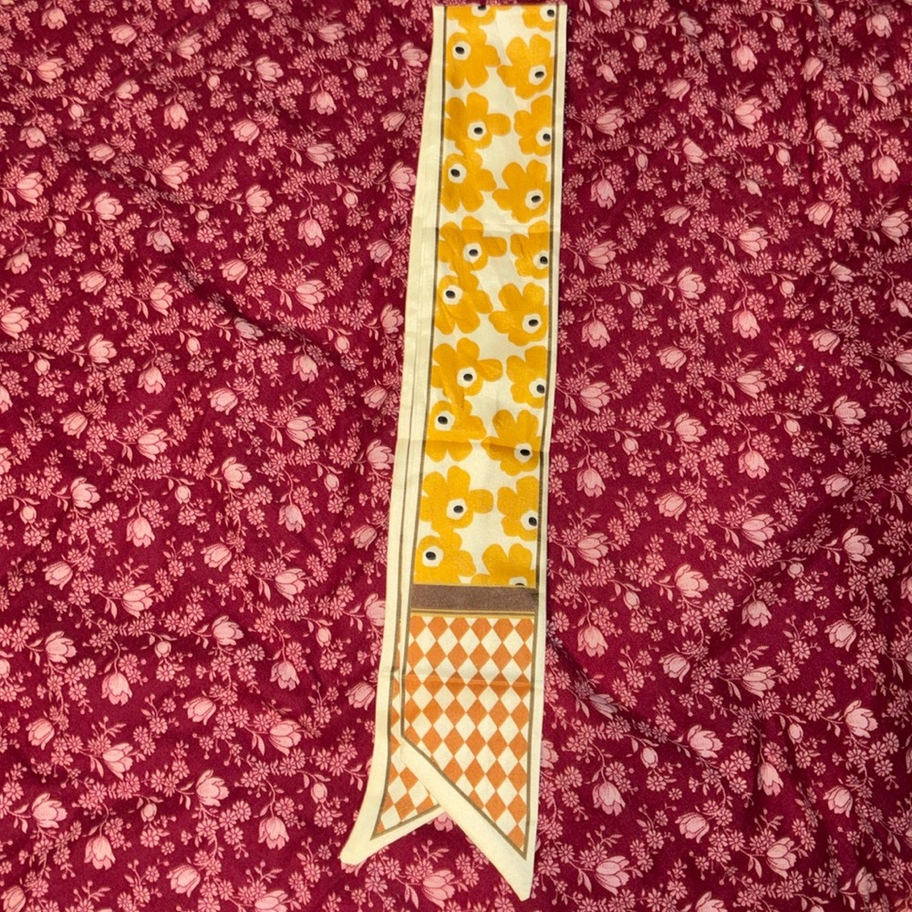 Scarf Twilly golden flowers, burnt orange checkered scarf 34” twilly x 3 “